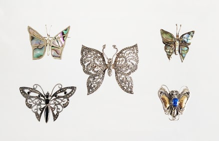 Estate Vintage Lot of 5 Sterling Silver & Gemstone Butterfly Brooches