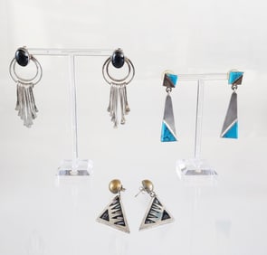 Estate Vintage 3 Pairs of Sterling Silver, Turquoise & Mother of Pearl Earrings