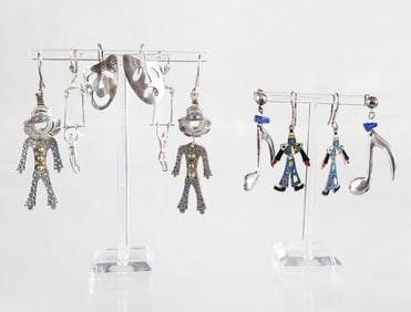 Lot of 5 Pairs of Estate Vintage Sterling Silver Circus Themed Novelty Earrings