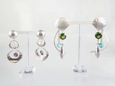 Estate Vintage Roz Balkin Modernist Designer Sterling Silver & Gem Stone Earrings