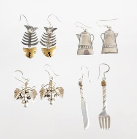 Lot of 4 Pairs of Estate Vintage Sterling Silver Food Themed Novelty Earrings