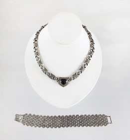 Estate Vintage Sterling Silver Onyx & Hematite Necklace and Bracelet