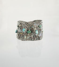 Estate Designer Julie Powell for Artful Home Silver Turquoise Beaded Cuff Bracelet