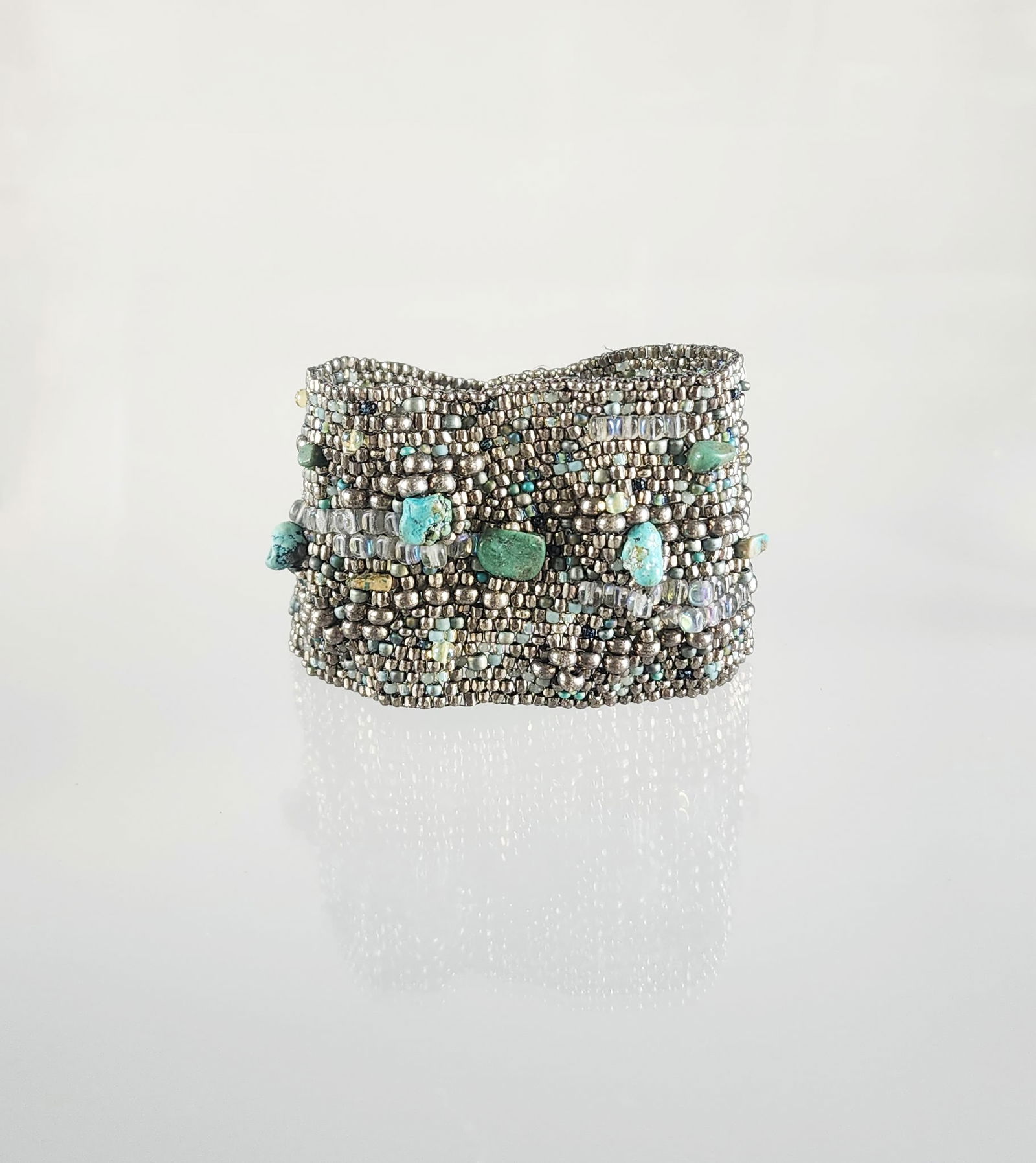 Estate Designer Julie Powell for Artful Home Silver Turquoise Beaded Cuff Bracelet (1 of 7)