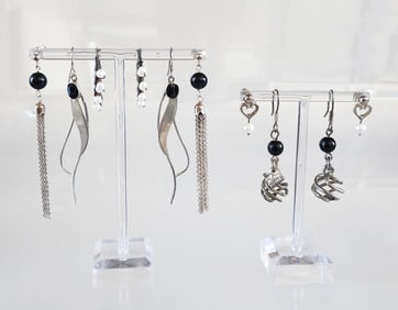 5 Pairs of Estate Vintage Sterling Silver, Pearl & Onyx Earrings