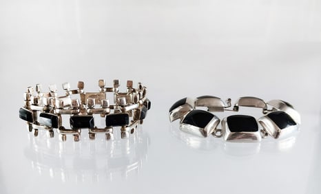 Estate Vintage Lot of 2 Sterling Silver & Onyx Mexican Link Bracelets