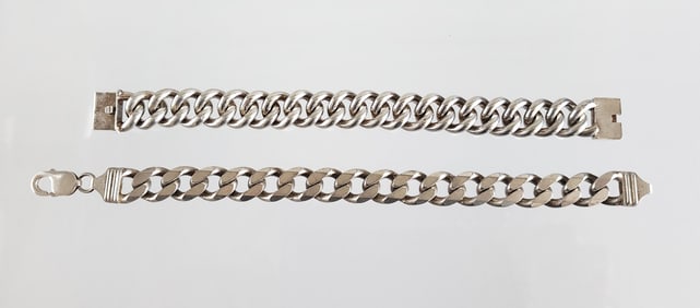 Estate Vintage Lot of 2 Sterling Silver Mens Chunky Chain Bracelets