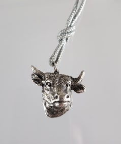 Estate Vintage  Shaw Leibowitz Signed Cast Sterling Silver Bull Head Pendant Necklace