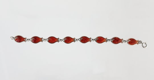 Estate Vintage Meka Denmark Red Enameled Sterling Silver Fish Bracelet