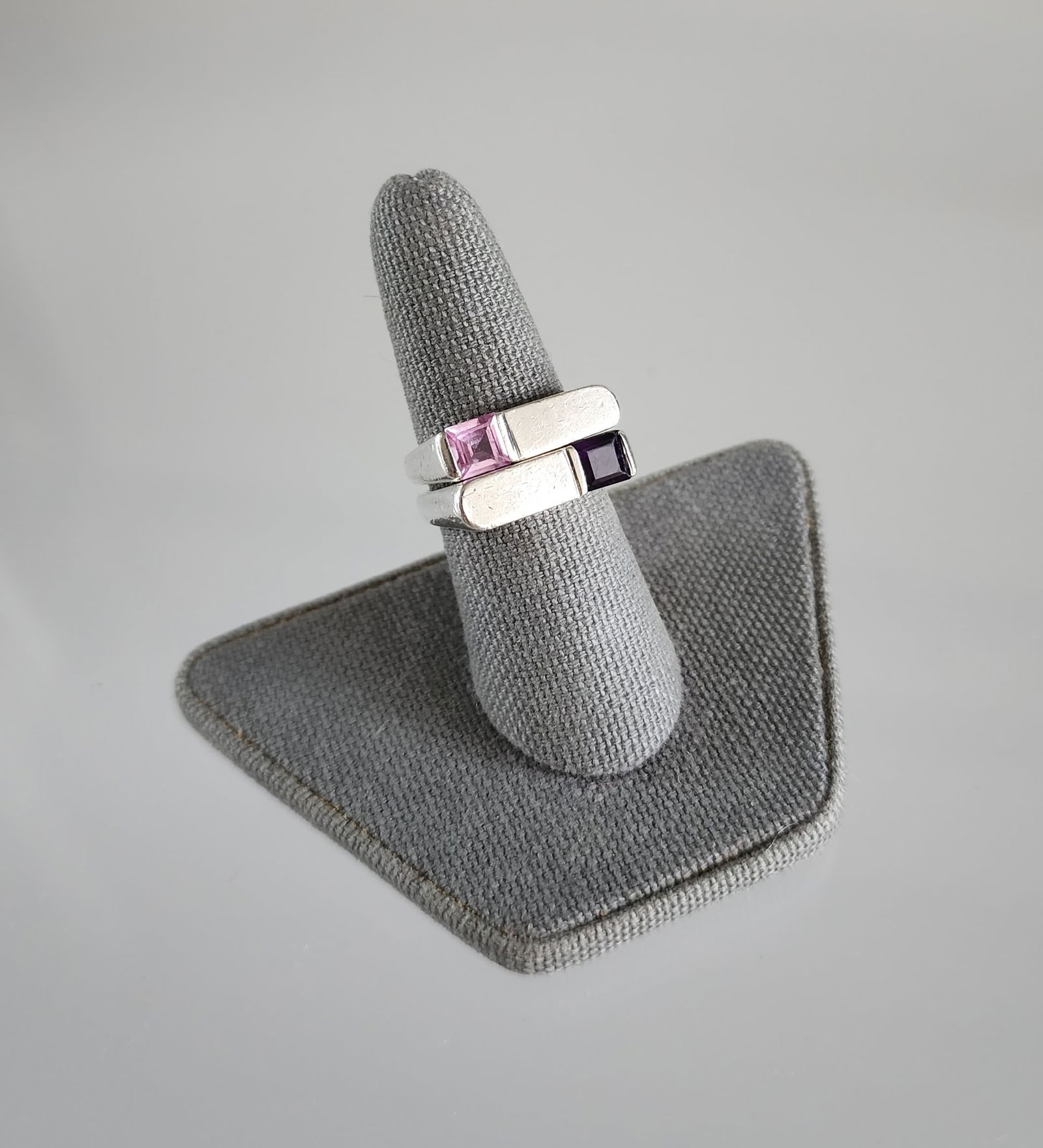 Pair of Tom Solow Sterling Silver Amethyst & Tourmaline Stacking Rings (1 of 8)