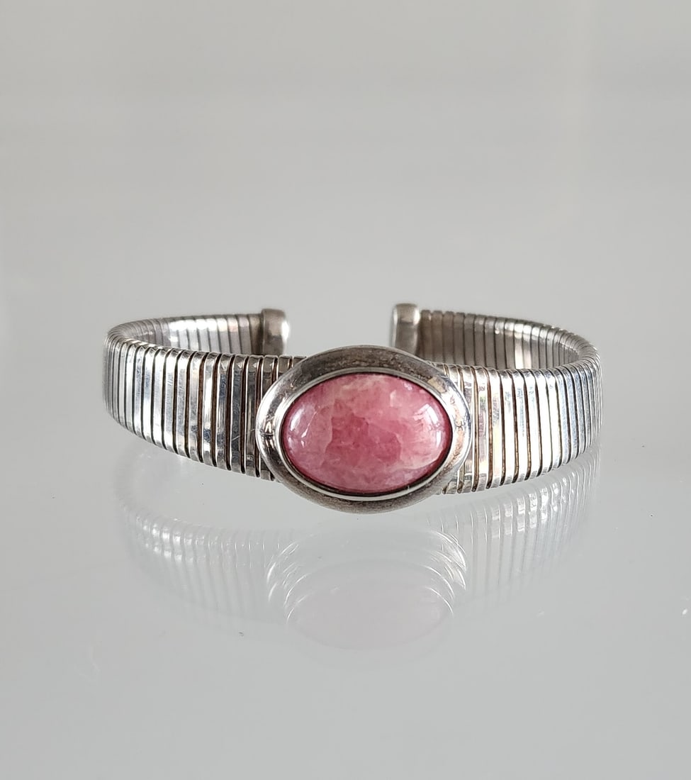 Estate Vintage Joseph Esposito Sterling Silver & Rhodochrosite Cuff Bracelet: Estate Vintage Joseph Esposito Sterling Silver & Rhodochrosite Cuff Bracelet. Marks: 925/ Espo/ Sig. Total weight: 29.6 grams. Provenance: Estate of Victoria Salter (1944-2024) Victoria Salter was the