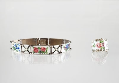 Estate Vintage Kristian Hestenes Norway Enameled Sterling Silver Bracelet & Ring