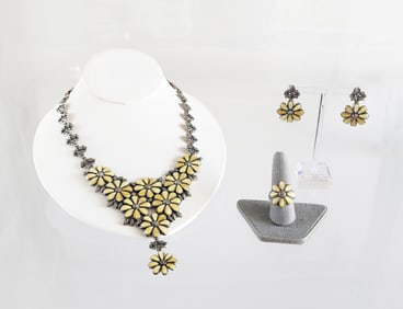 Estate Sterling Silver Mother of Pearl Floral Necklace, Ring Earrings Set