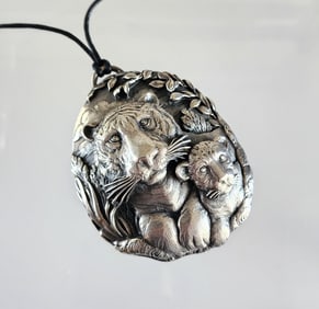 Estate Vintage Buccellati Italy Sterling Silver Tiger & Cub Ornament/ Oversized Pendant