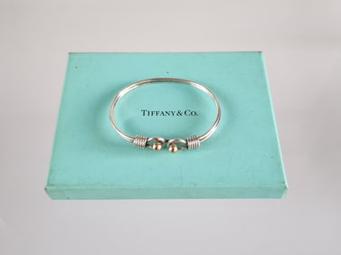 Estate Vintage Tiffany & Co. Sterling Silver & 14k Gold Hook & Eye Bangle Bracelet