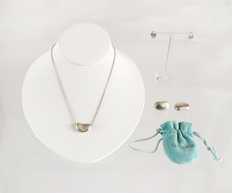Estate Vintage Elsa Peretti Tiffany & Co Sterling Silver Bean Necklace & Heart Earrings