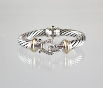 Estate Vintage David Yurman Diamond, Sterling Silver & 18k Gold Twisted Rope Hinged Bangle Bracelet