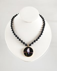 Estate Vintage Linda Lundell Signed 14k Gold Cloisonne & Onyx Necklace