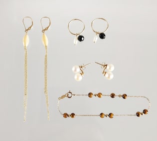 Estate Vintage Lot of 14k Gold Pearl, Onyx & Tiger Eye Jewelry