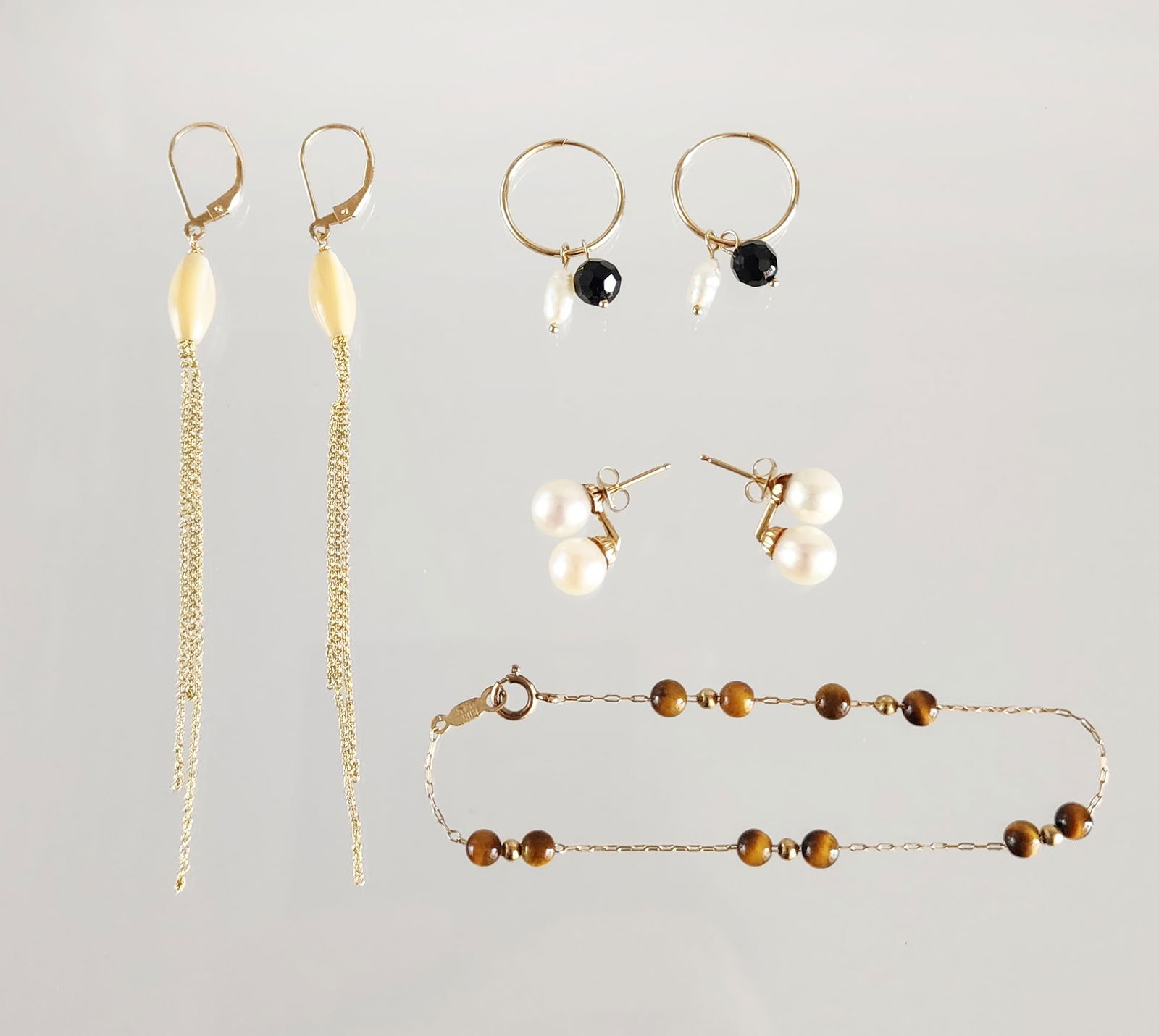 Estate Vintage Lot of 14k Gold Pearl, Onyx & Tiger Eye Jewelry (1 of 14)