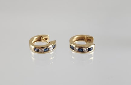 Estate Vintage 14K Gold, Diamond & Sapphire Earrings