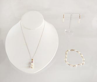 Estate Vintage Lot of 18K & 14K Gold & Pearl Pendant, Bracelet & Earrings