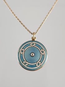 Estate Antique Carrington Co. 14K Gold & Diamond Enameled Guilloche Locket Pendant