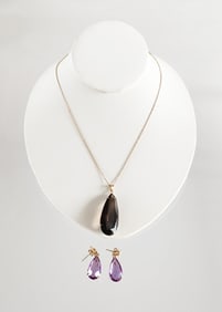Estate Vintage 14K & 10K Gold, Gem Stone Pendant Necklace & Earrings