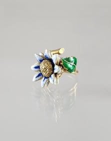 Estate Vintage Gioconda Grivelli Italy 18K Gold Enameled Flower Ring