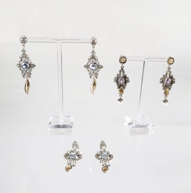 3 Pairs of Estate Vintage 18k Gold, Sterling Silver & Gem Stone Dangle Earrings