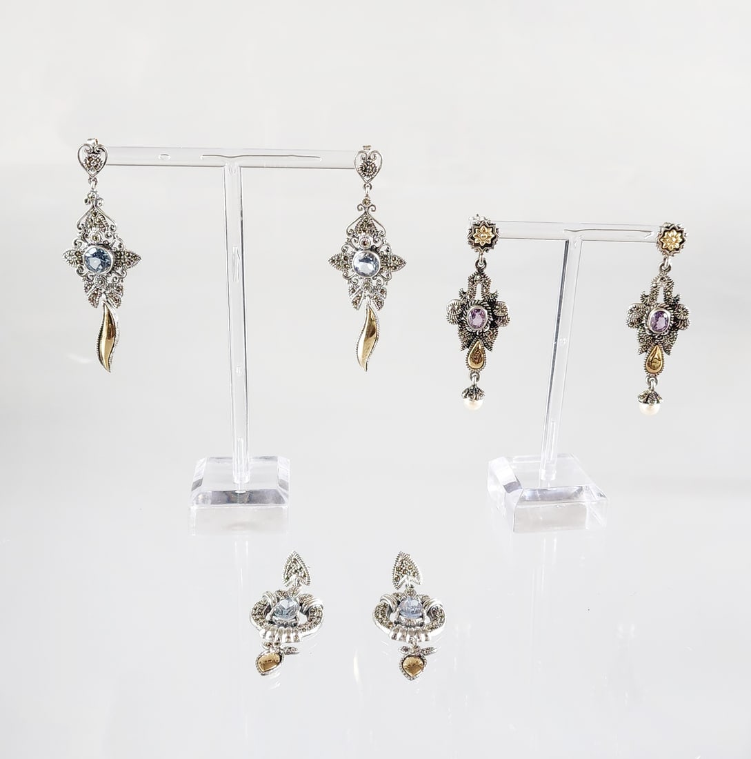 3 Pairs of Estate Vintage 18k Gold, Sterling Silver & Gem Stone Dangle Earrings (1 of 2)