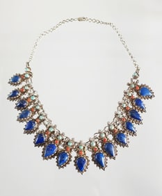 Estate Vintage Sterling Silver, Lapis, Turquoise & Coral Ethnic Necklace