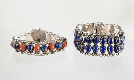Estate Vintage Lot of 2 Sterling Silver, Lapis & Coral Ethnic Bracelets