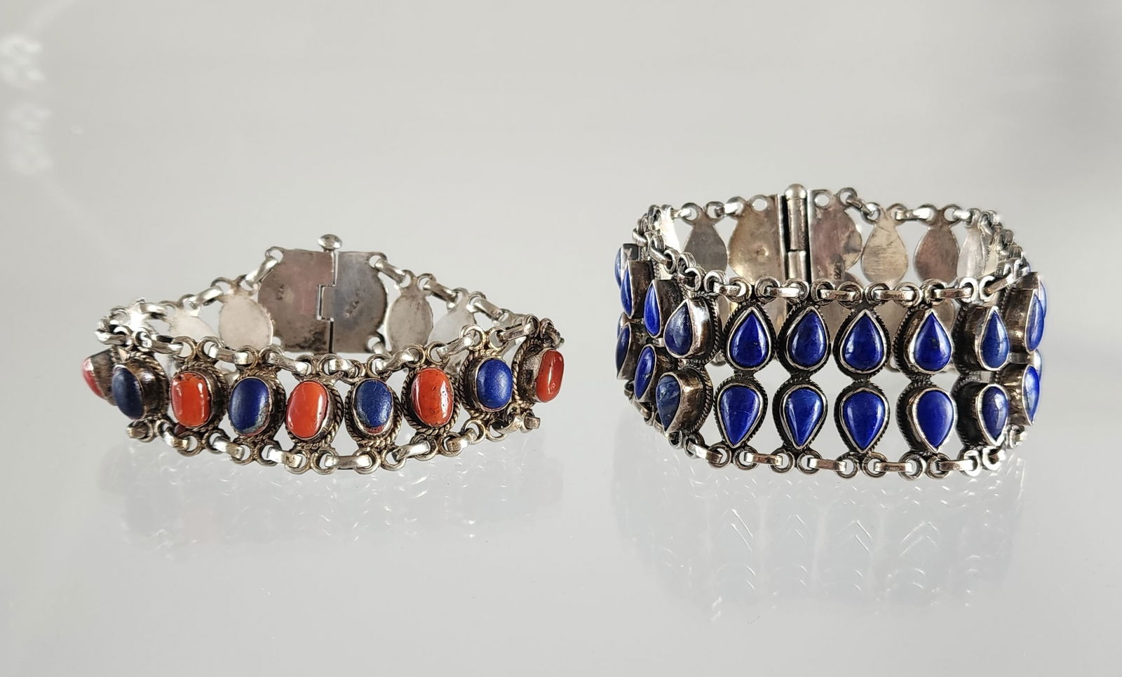 Estate Vintage Lot of 2 Sterling Silver, Lapis & Coral Ethnic Bracelets (1 of 8)