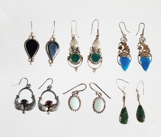 Estate Vintage 6 Pair of Sterling Silver & Gemstone Earrings