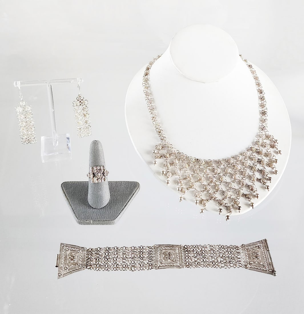 Estate Vintage Sterling Silver Filigree Chainmail Middle Eastern Necklace, Earrings, Bracelet & Ring (1 of 9)