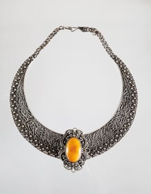 Estate Turkish Erol Kalkan Artist Signed Sterling Silver Necklace with Catalin Cabochon