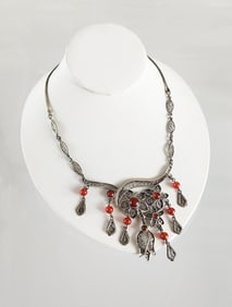 Estate Vintage Turkish Sterling Silver Filigree & Carnelian Floral Necklace