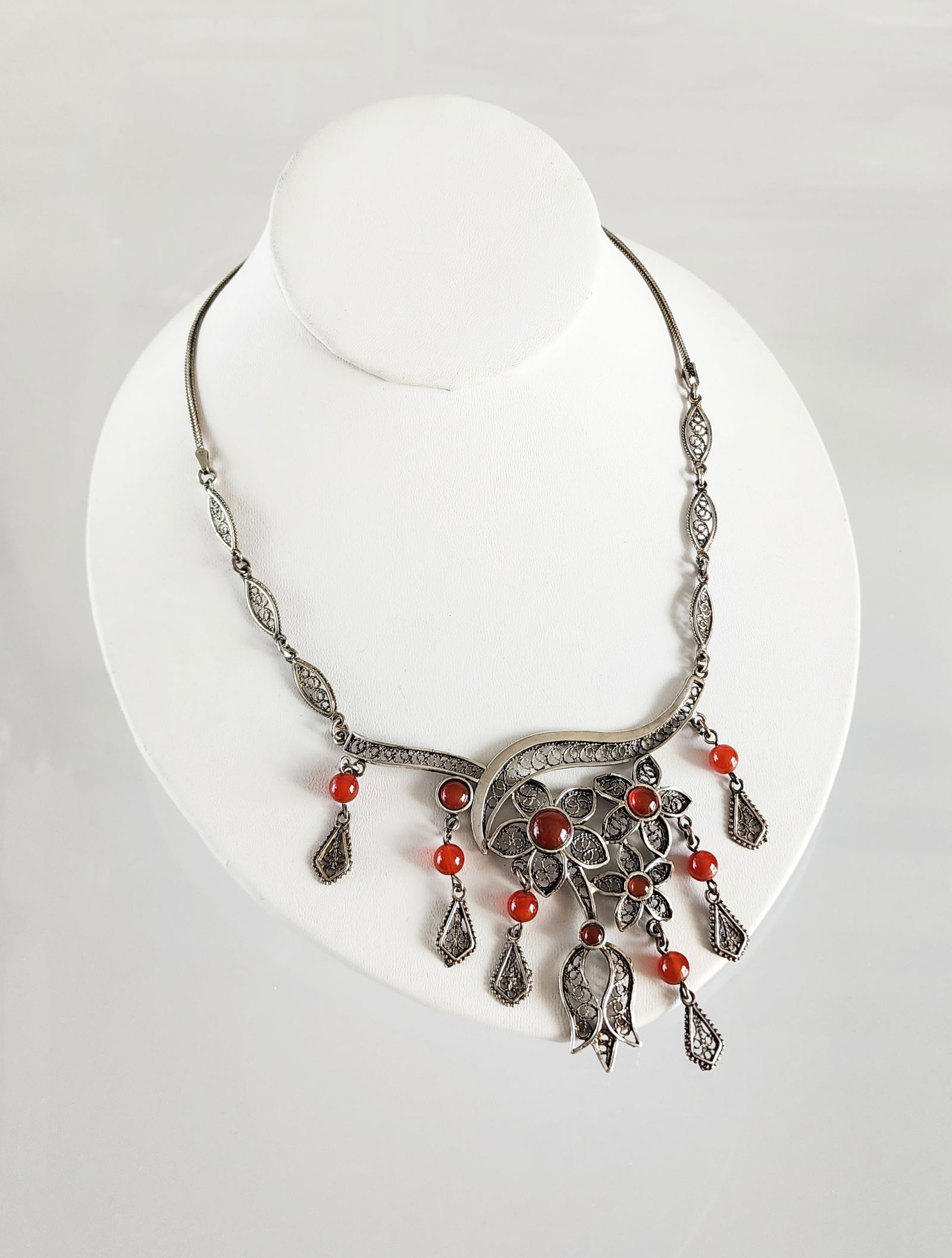 Estate Vintage Turkish Sterling Silver Filigree & Carnelian Floral Necklace (1 of 7)