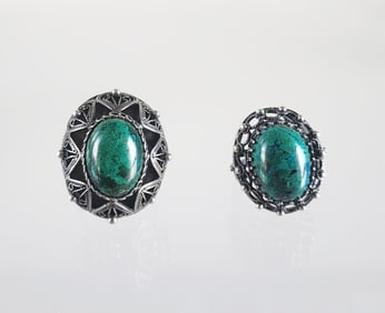 Estate Vintage Lot of 2 Sterling Silver Filigree & Eilat Stone Rings