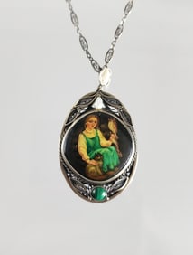 Estate Vintage Russian Sterling Silver Filigree Pendant with Artist Signed Miniature Painting