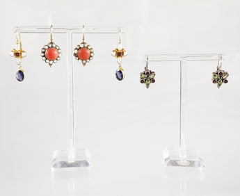 Estate Vintage Revival Style Sterling Silver Pearl & Gemstone Earrings