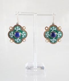 Estate Vintage Enameled Gilt Sterling Silver, Lapis & Pearl Earrings