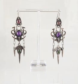 Estate Vintage Gothic Revival Sterling Silver, Amethyst, Tourmaline & Peridot Earrings