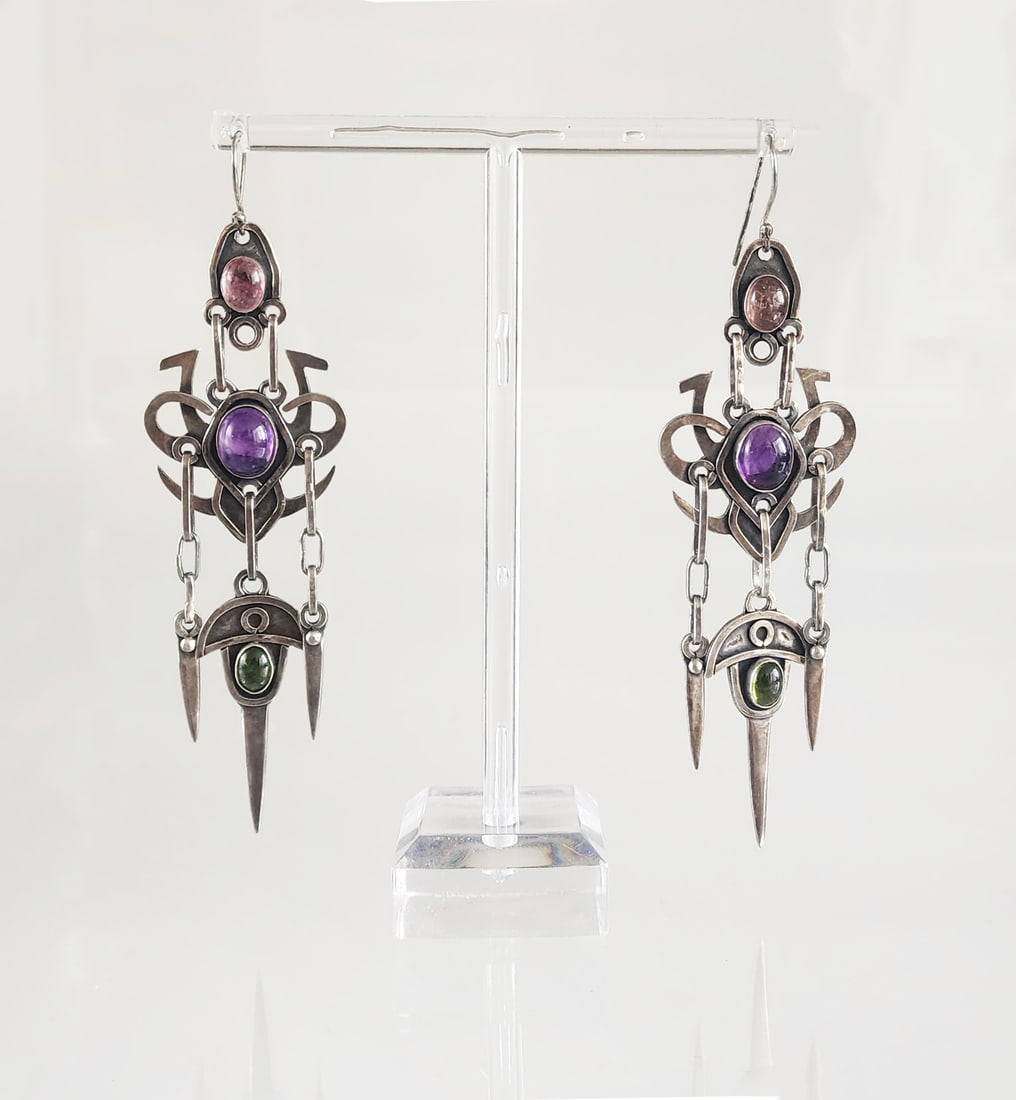 Estate Vintage Gothic Revival Sterling Silver, Amethyst, Tourmaline & Peridot Earrings (1 of 14)