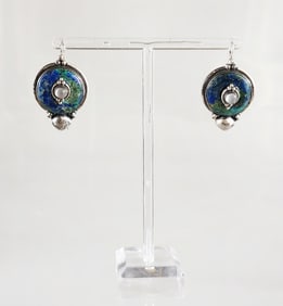 Estate Vintage Tom & Jenny Schlecht Sterling Silver, Azurite & Moonstone Earrings
