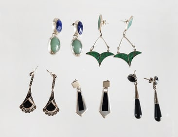 Estate Vintage 5 Pairs of Sterling Silver & Gemstone Earrings
