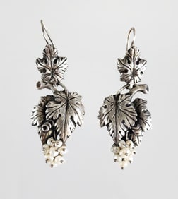Estate Vintage Sterling Silver & Pearl Grapevine Design Earrings