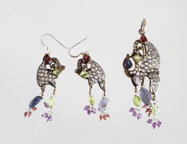 Estate Vintage Abstract Design Sterling Silver & Multi Gemstone Pendant & Earrings Set