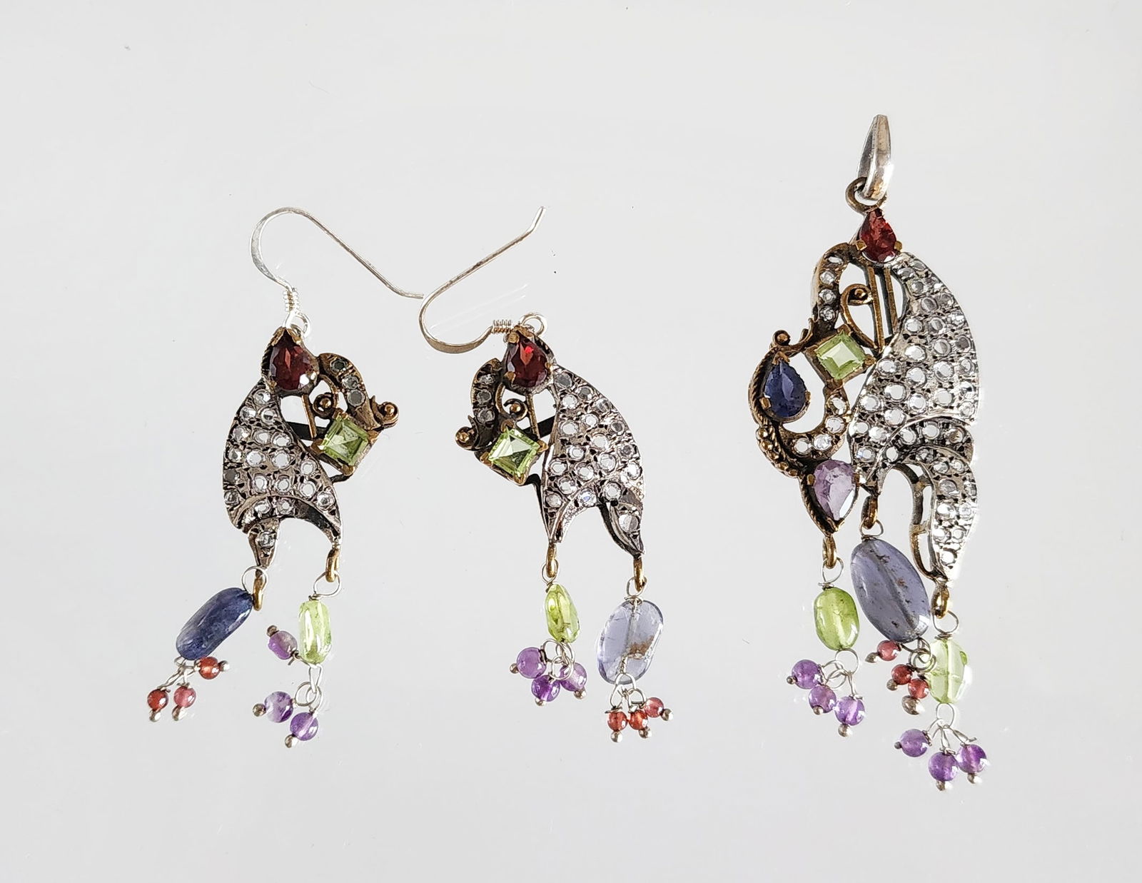 Estate Vintage Abstract Design Sterling Silver & Multi Gemstone Pendant & Earrings Set (1 of 8)